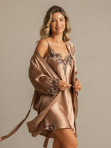 [Brown] SilkSilky  3/4 Sleeve V Neck Nightgown&Robe Set 007