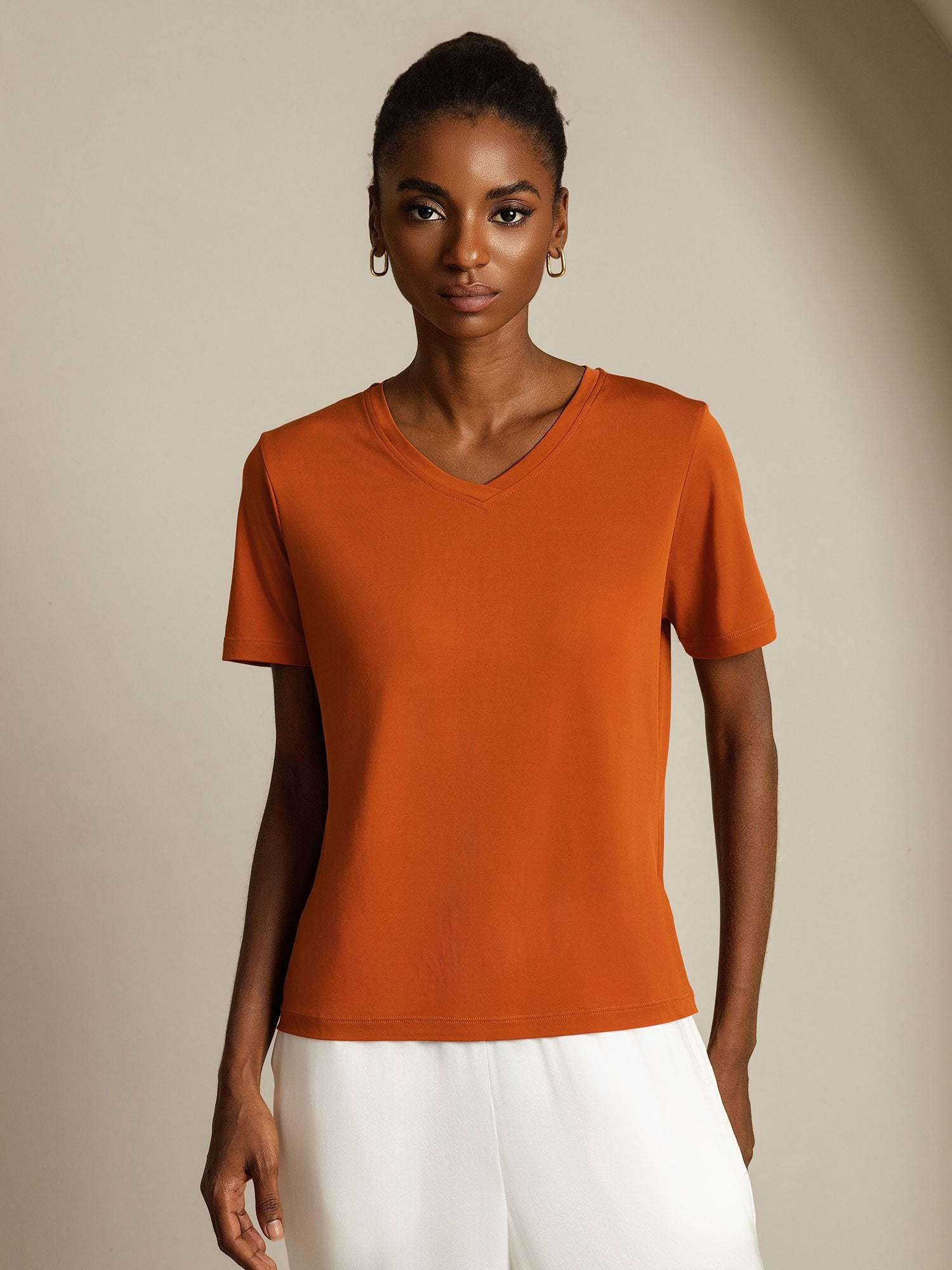 [Orange] SilkSilky Pure Silk V Neck Women's T-Shirt 001