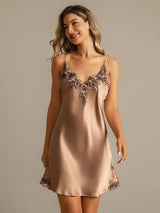 [Brown] SilkSilky  Spaghetti Strap V Neck Nightgown 003