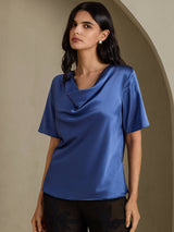 [Real Teal] SilkSilky  Short Sleeve Cowl Neck Women's Blouse 001