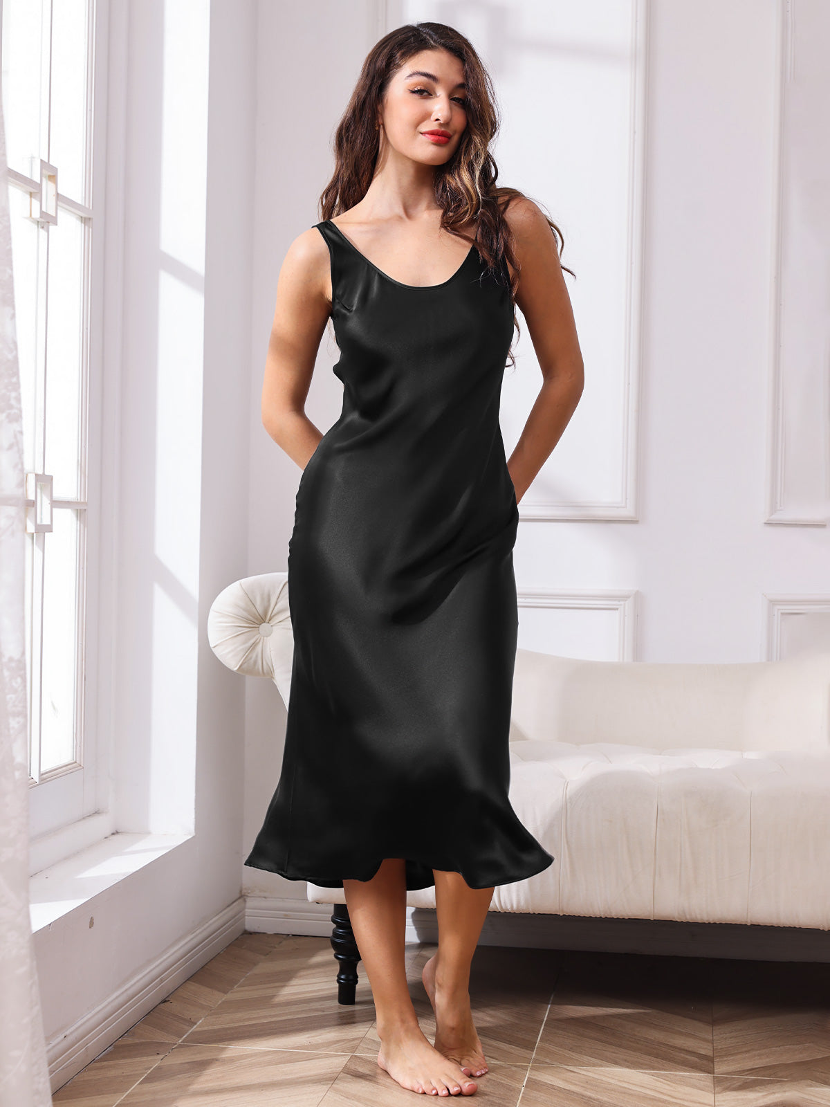 SilkSilky US Pure Silk Sleeveless Boat Neck Dress Black 001