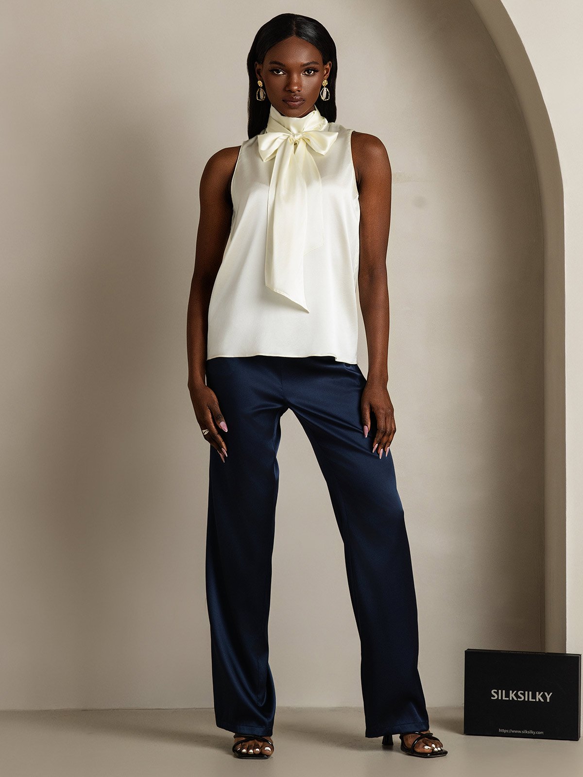 SilkSilky 19Momme Silk Tie Neck Women's Shirt Ivory 006