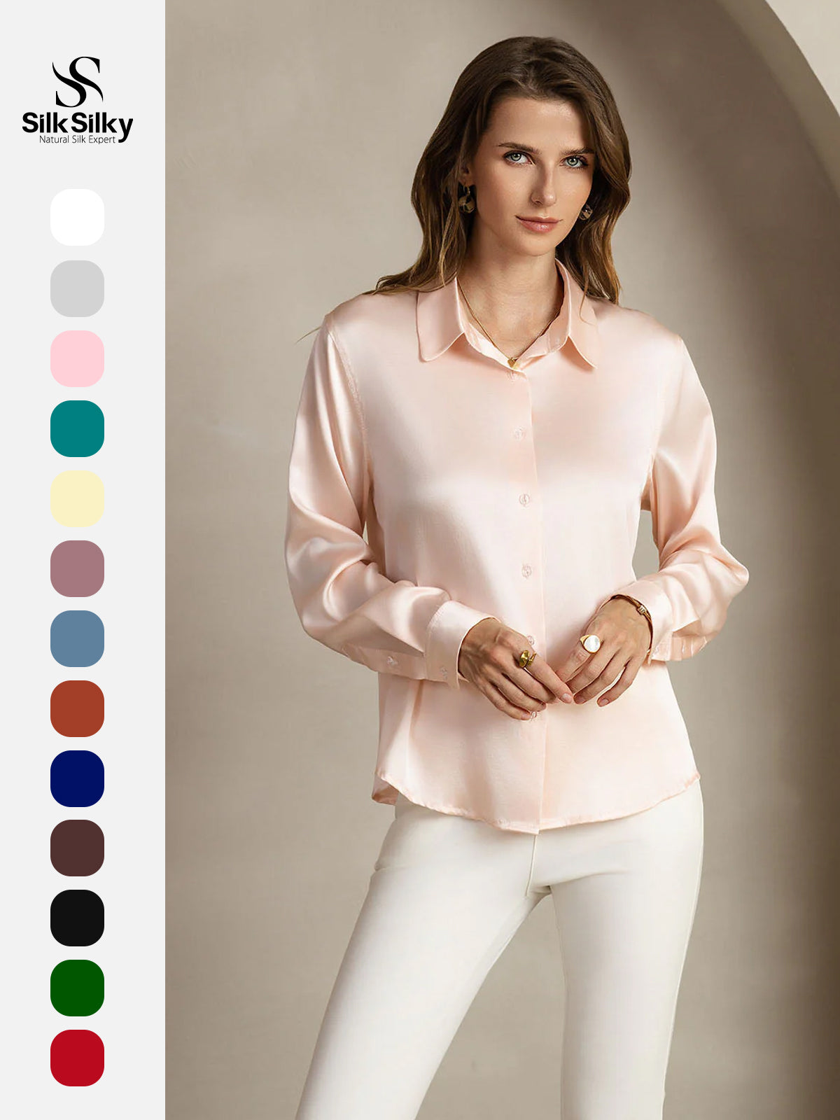 [Light Pink] SilkSilky  Silk Long Sleeve Lapel Collar Women's Shirt 001