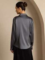 [Dark Gray] SilkSilky  19Momme Stretch Silk Charmeuse Long Sleeve Lapel Collar Women's Shirt 002