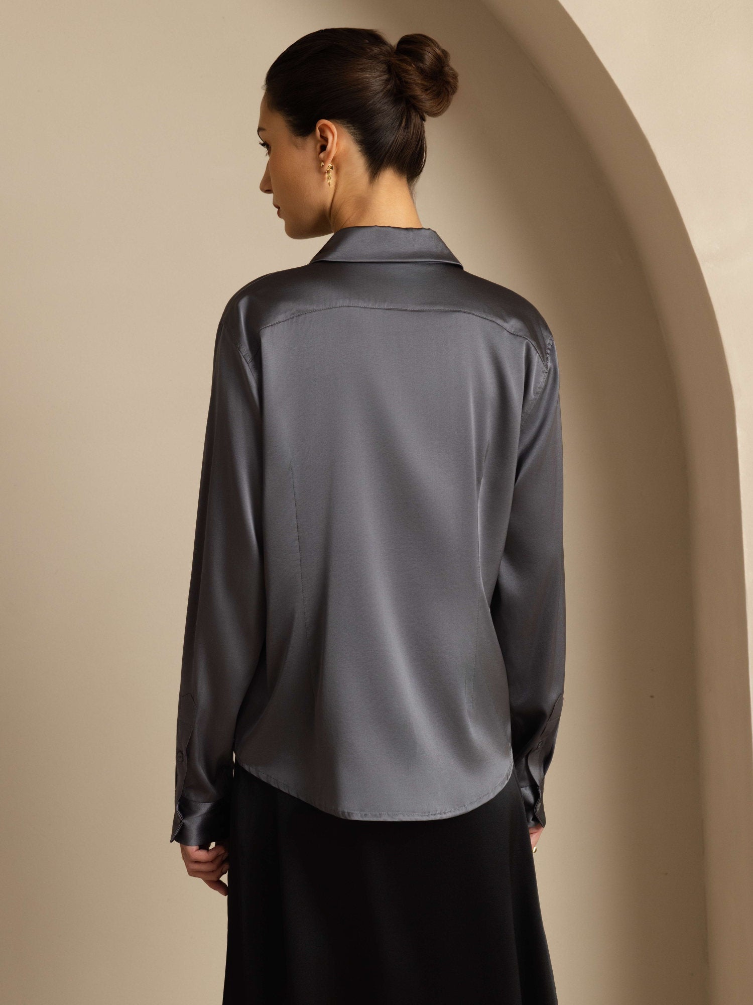 [Dark Gray] SilkSilky  19Momme Stretch Silk Charmeuse Long Sleeve Lapel Collar Women's Shirt 002