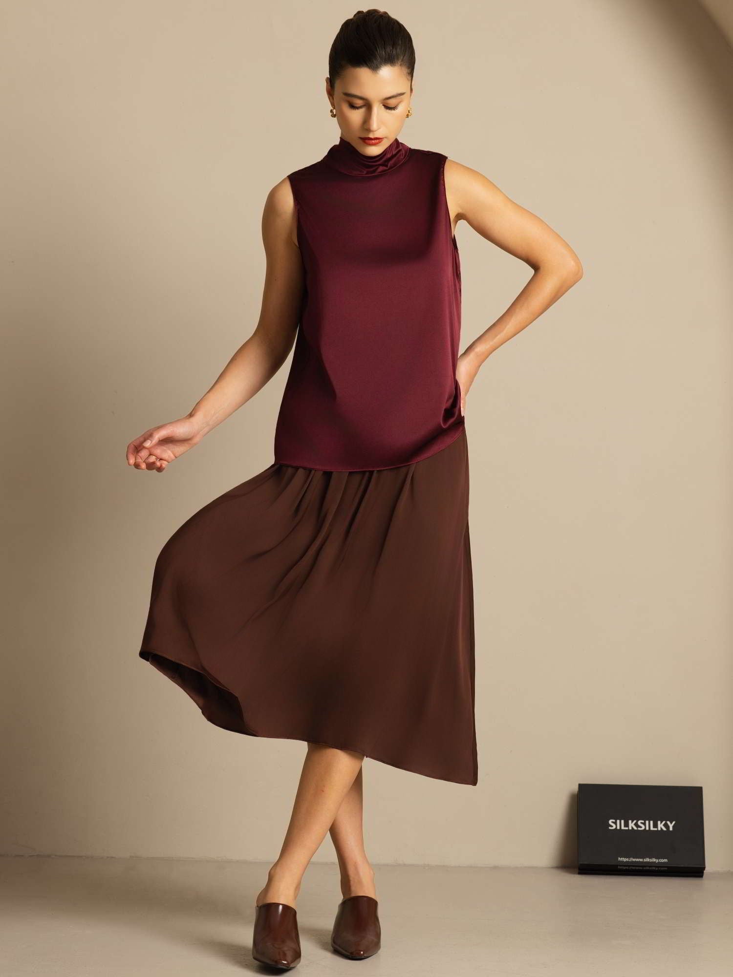 [Dark Red] SilkSilky  19Momme Silk Sleeveless Tie Neck Blouse 010