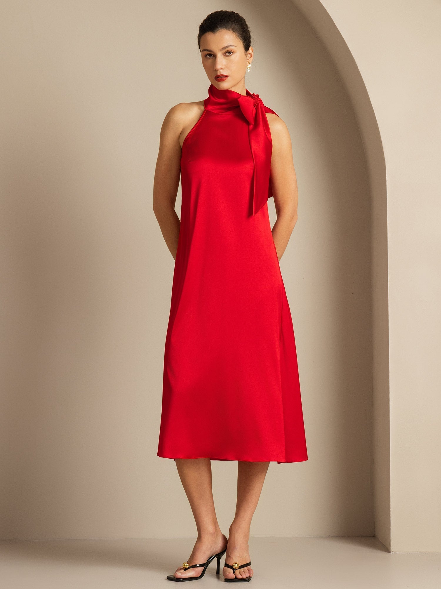 [Red] SilkSilky  19Momme Silk Tie Neck Dress 001,