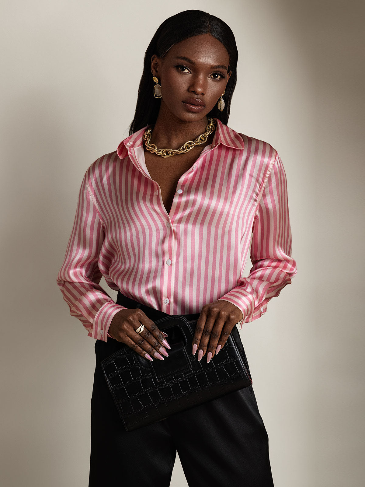 [Pink Stripe] SilkSilky  Long Sleeve Lapel Collar Women's Shirt 006