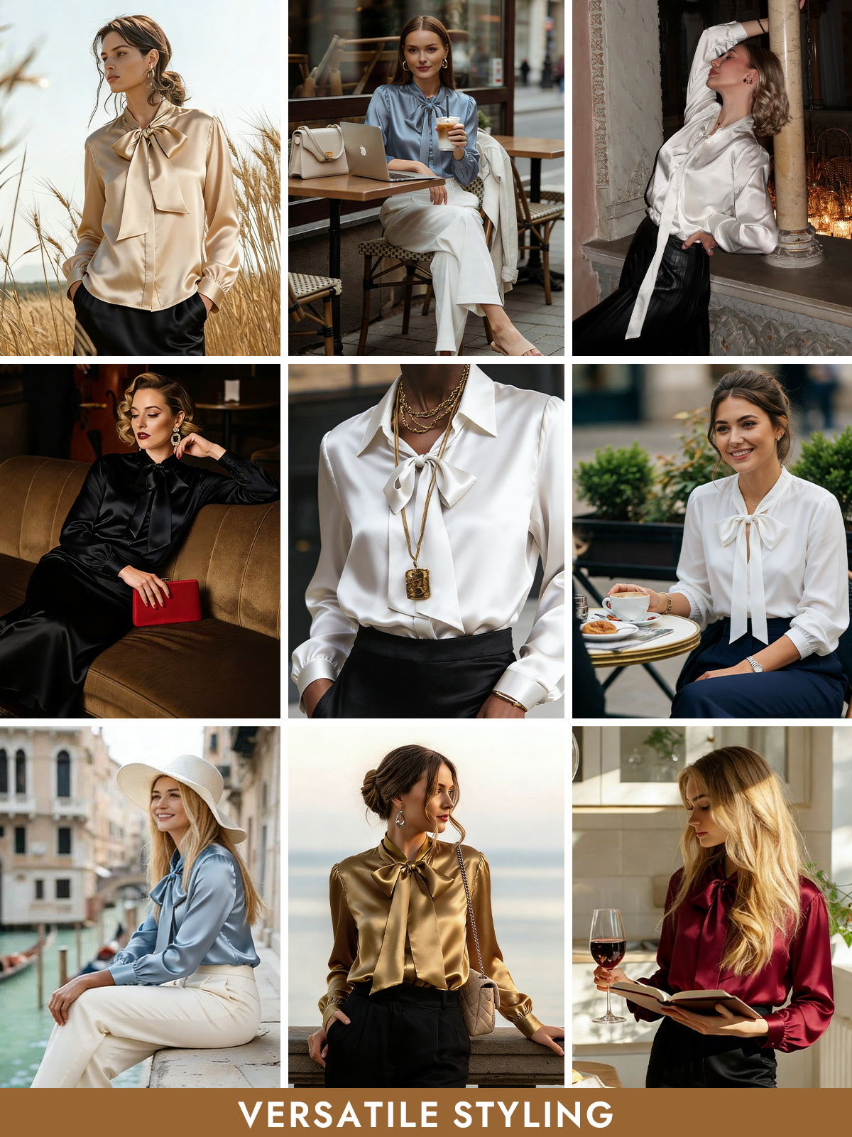 [Brown] SilkSilky  19Momme Silk Long Sleeve Tie Neck Blouse 008