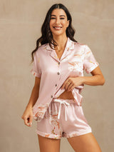 [Pink] SilkSilky  Short Sleeve Lapel Collar Women's Pajamas 006