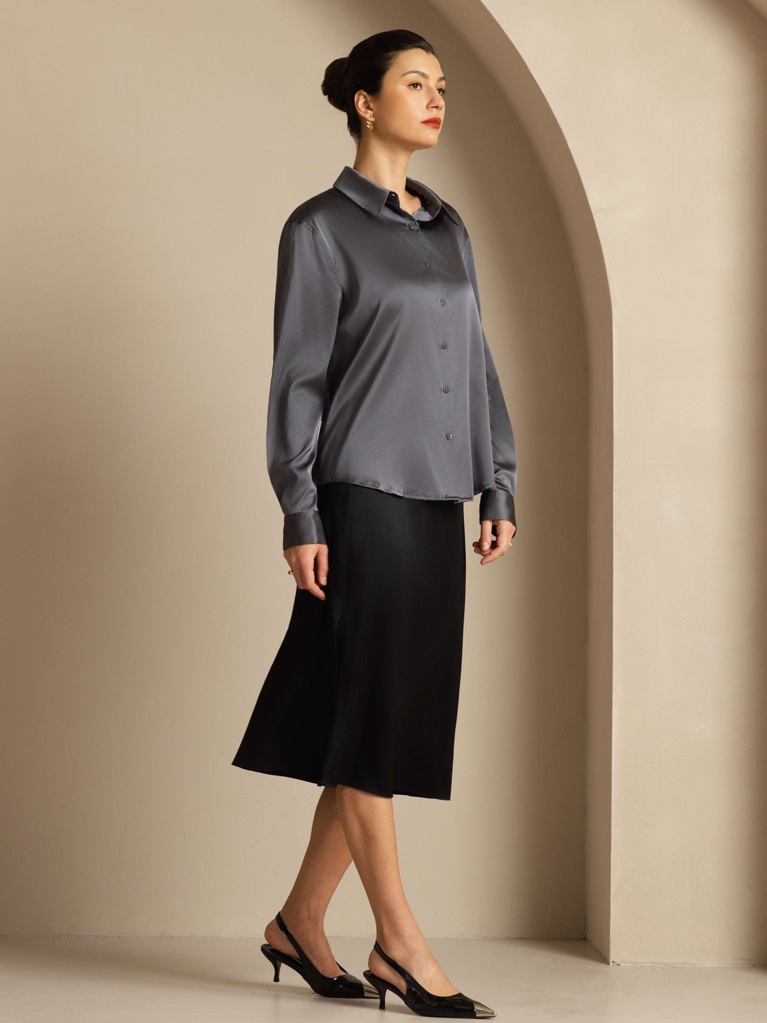 [Dark Gray] SilkSilky  19Momme Stretch Silk Charmeuse Long Sleeve Lapel Collar Women's Shirt 004