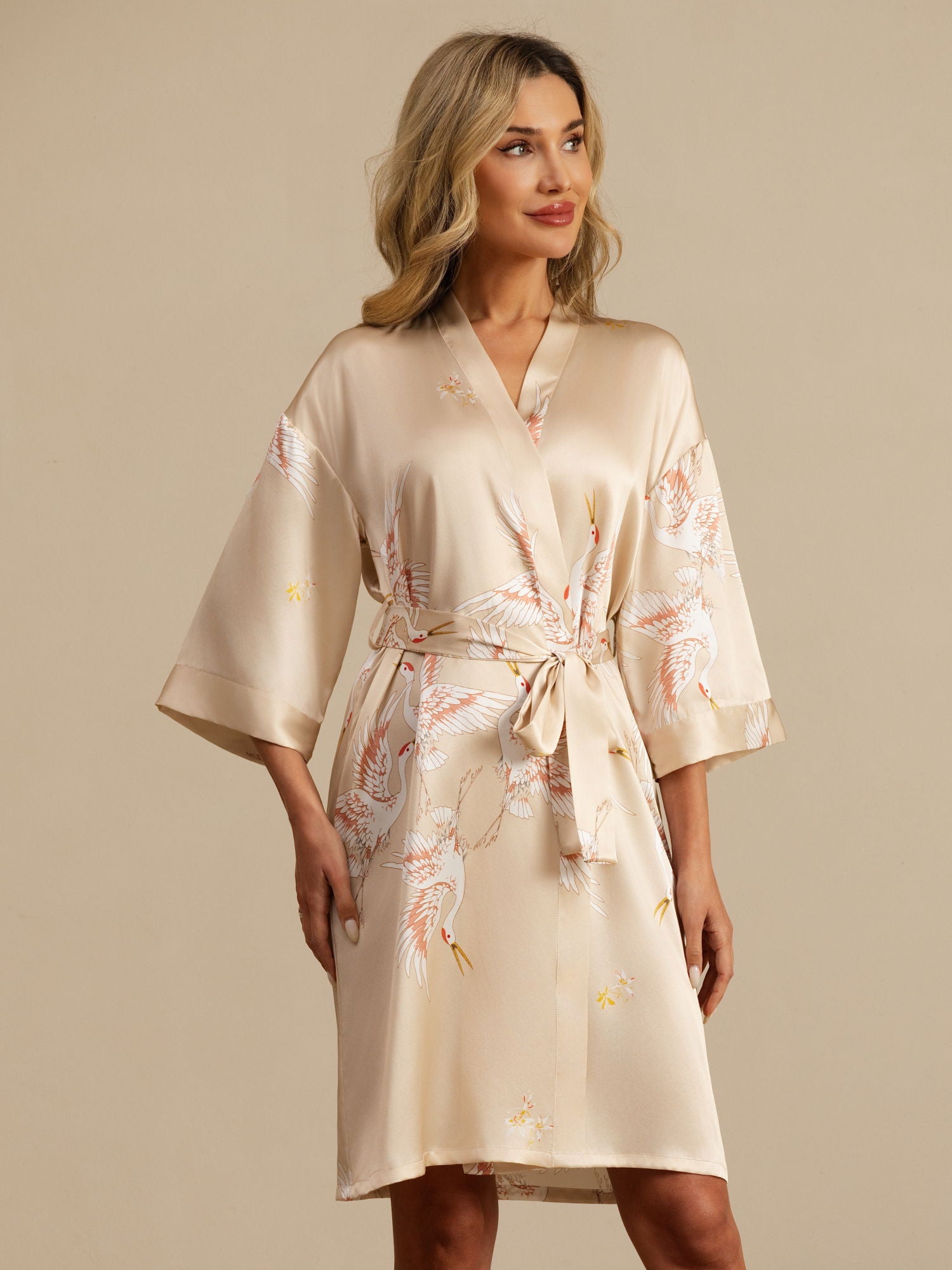 [Champagne] SilkSilky  19Momme 3/4 Sleeve Women's Robe 003