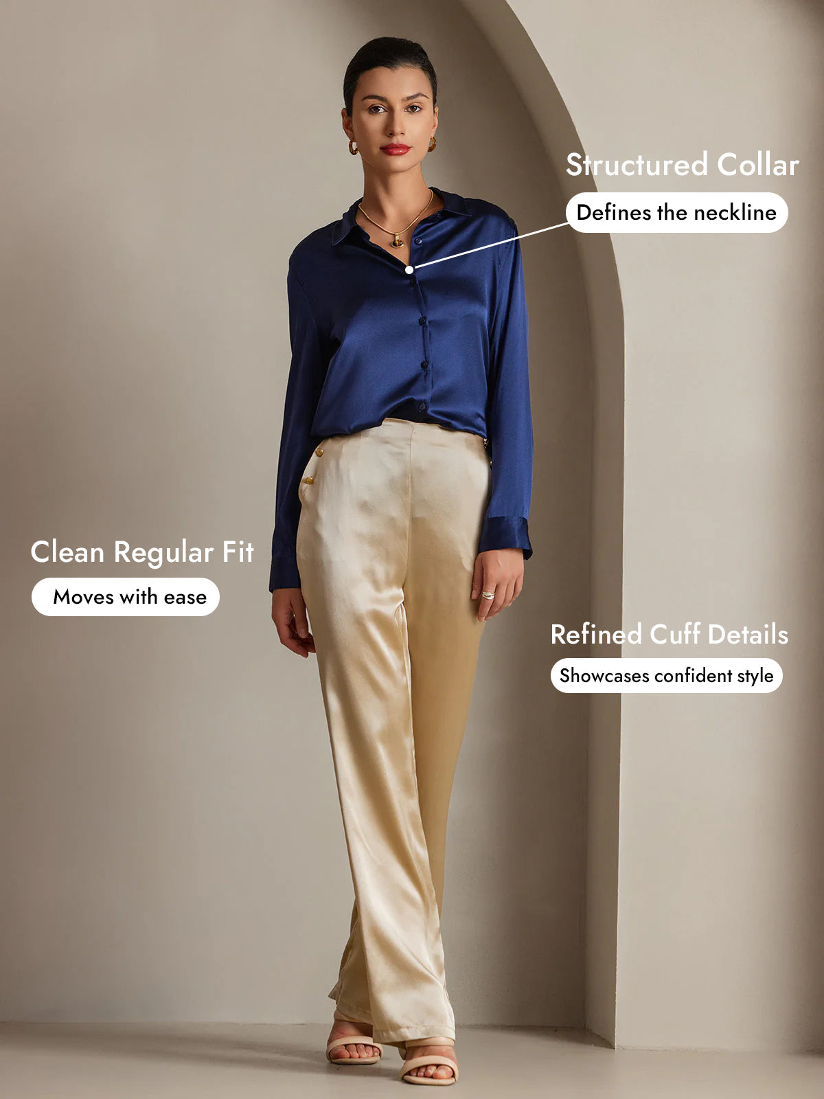 [Dark Blue] SilkSilky  Silk Long Sleeve Lapel Collar Women's Shirt 005