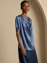[Real Teal] SilkSilky  Short Sleeve Cowl Neck Women's Blouse 004