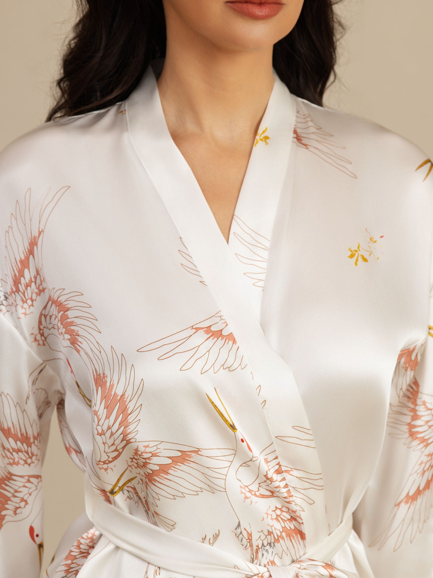 [White] SilkSilky  19Momme 3/4 Sleeve Women's Robe 004