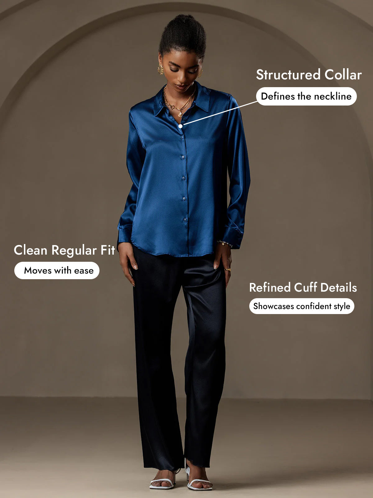 [Teal] SilkSilky  Silk Long Sleeve Lapel Collar Women's Shirt 005