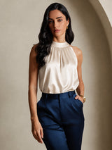 [Beige] SilkSilky  Sleeveless Halter Women's T-Shirt 001