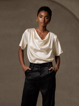 [Beige] SilkSilky  Short Sleeve Cowl Neck Women's Blouse 003