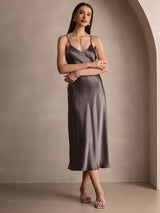 [Dark Khaki] SilkSilky  Pure Silk Spaghetti Strap V Neck Dress 005