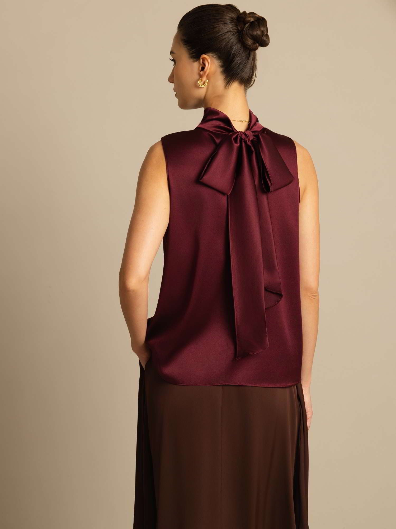[Dark Red] SilkSilky  19Momme Silk Sleeveless Tie Neck Blouse 002