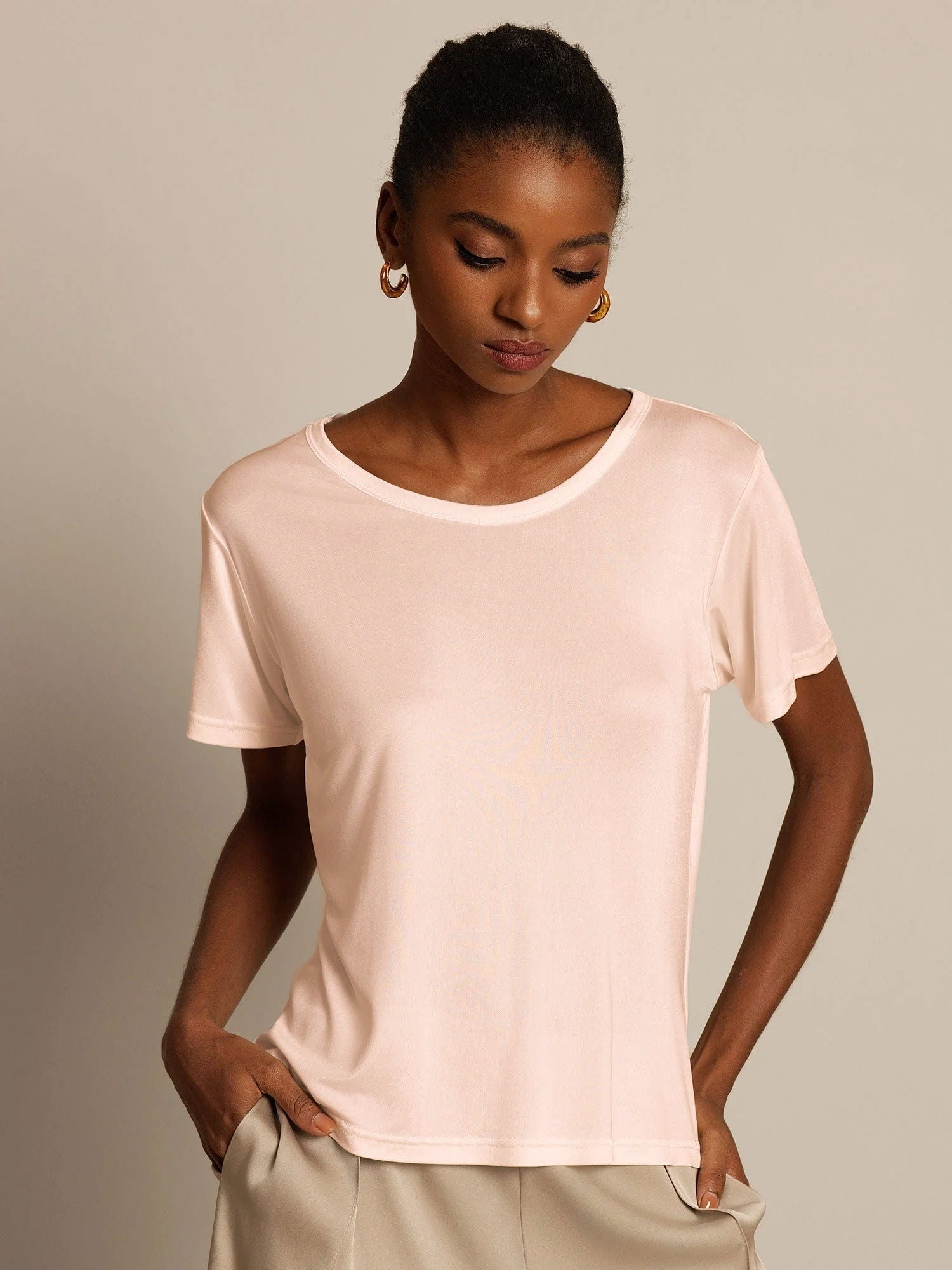 [Light Pink] SilkSilky  Short Sleeve Round Neck Women's T-Shirt 003