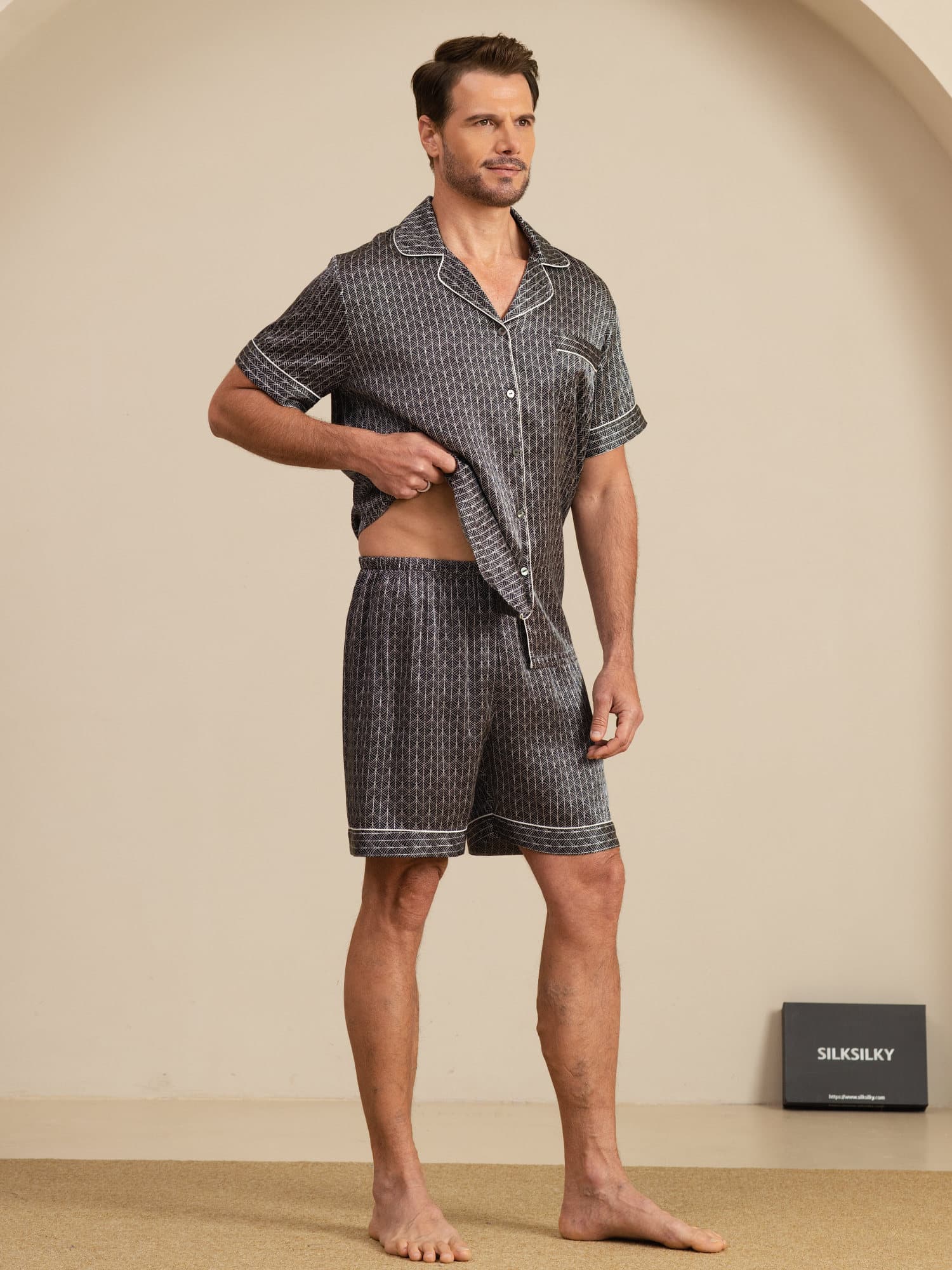 [Black Ginkgo] SilkSilky  Short Sleeve Notch Collar Men's Pajamas 006