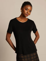[Black] SilkSilky  100% Silk Jersey Short Sleeve Round Neck Women's T-Shirt 001