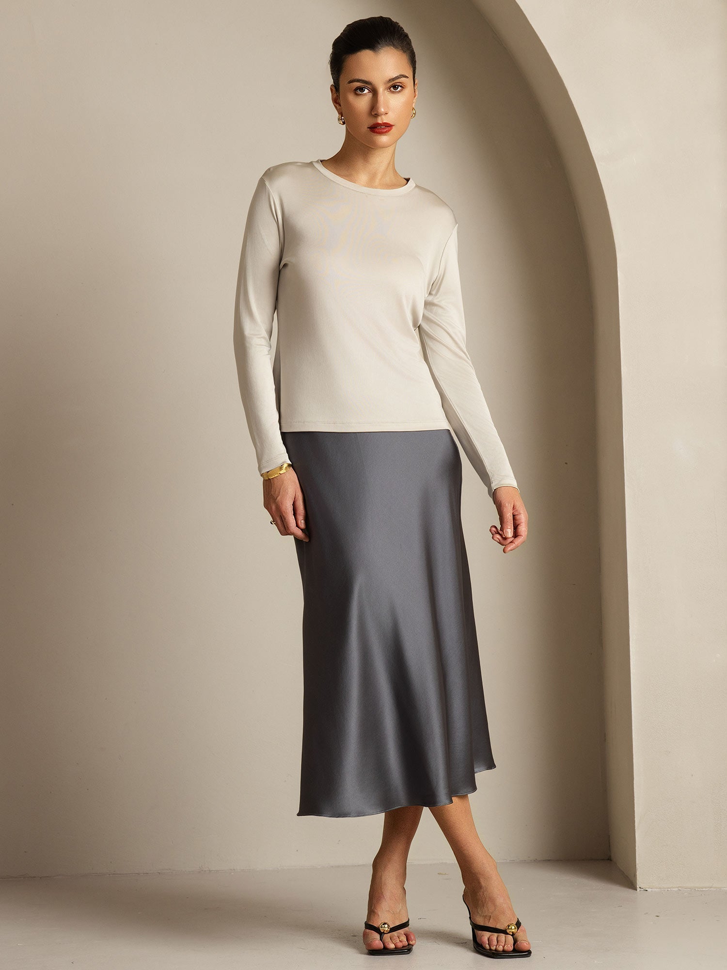 [Gray] SilkSilky  Pure Silk Womens T-Shirt 009,