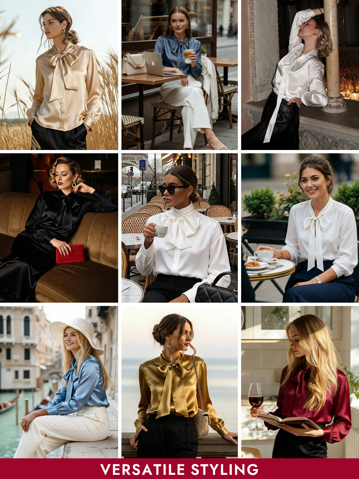 [Wine] SilkSilky  19Momme Silk Long Sleeve Tie Neck Blouse 009