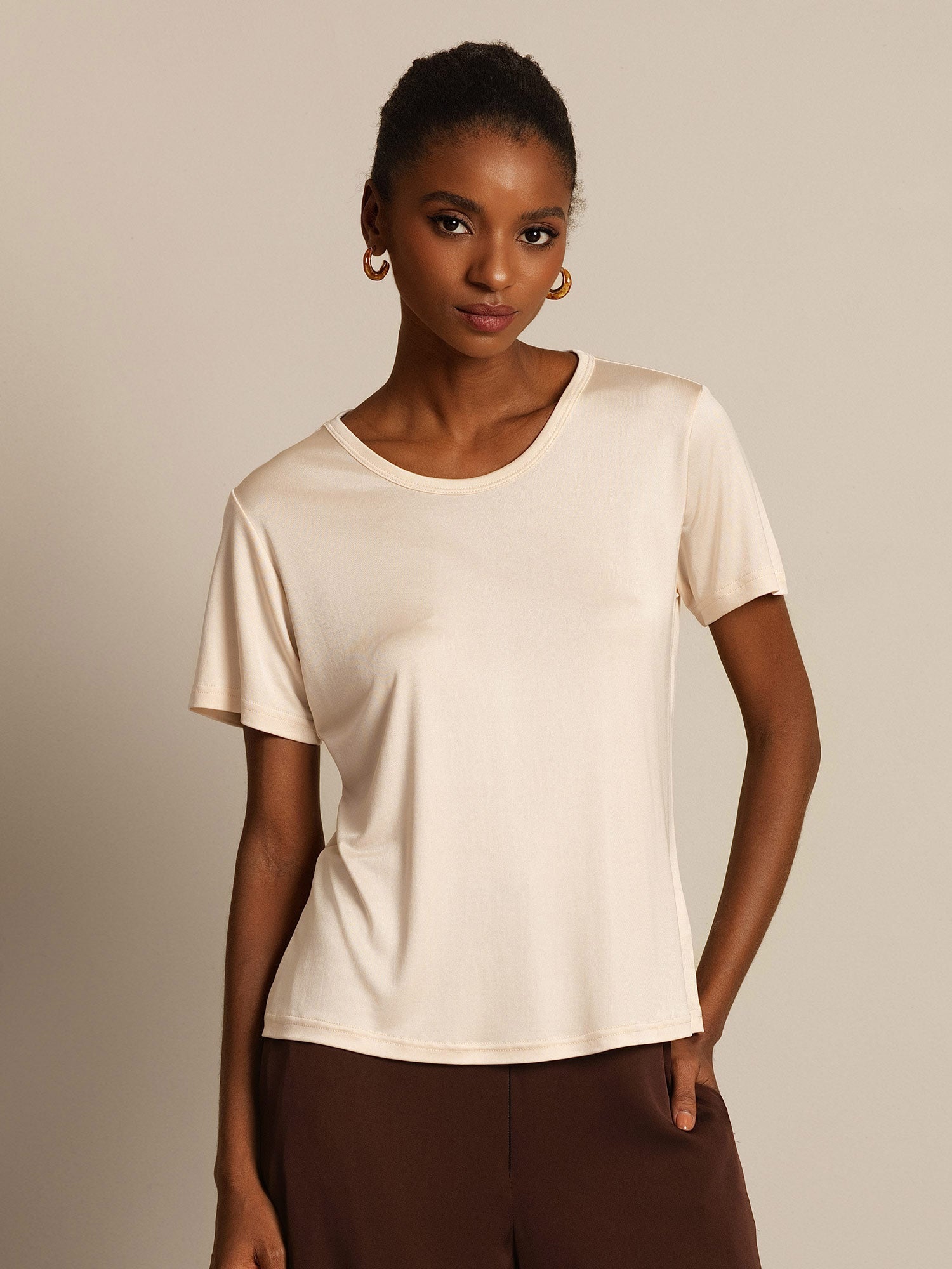 [Beige] SilkSilky  Silk Knitted Round Neck Women's T-Shirt 006,