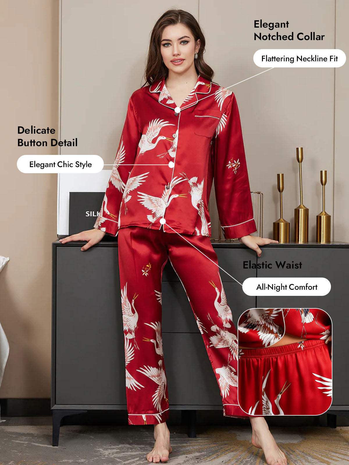 [Dark Red] SilkSilky  19Momme Pure Silk Long Sleeve Notch Collar Women's Pajamas 006