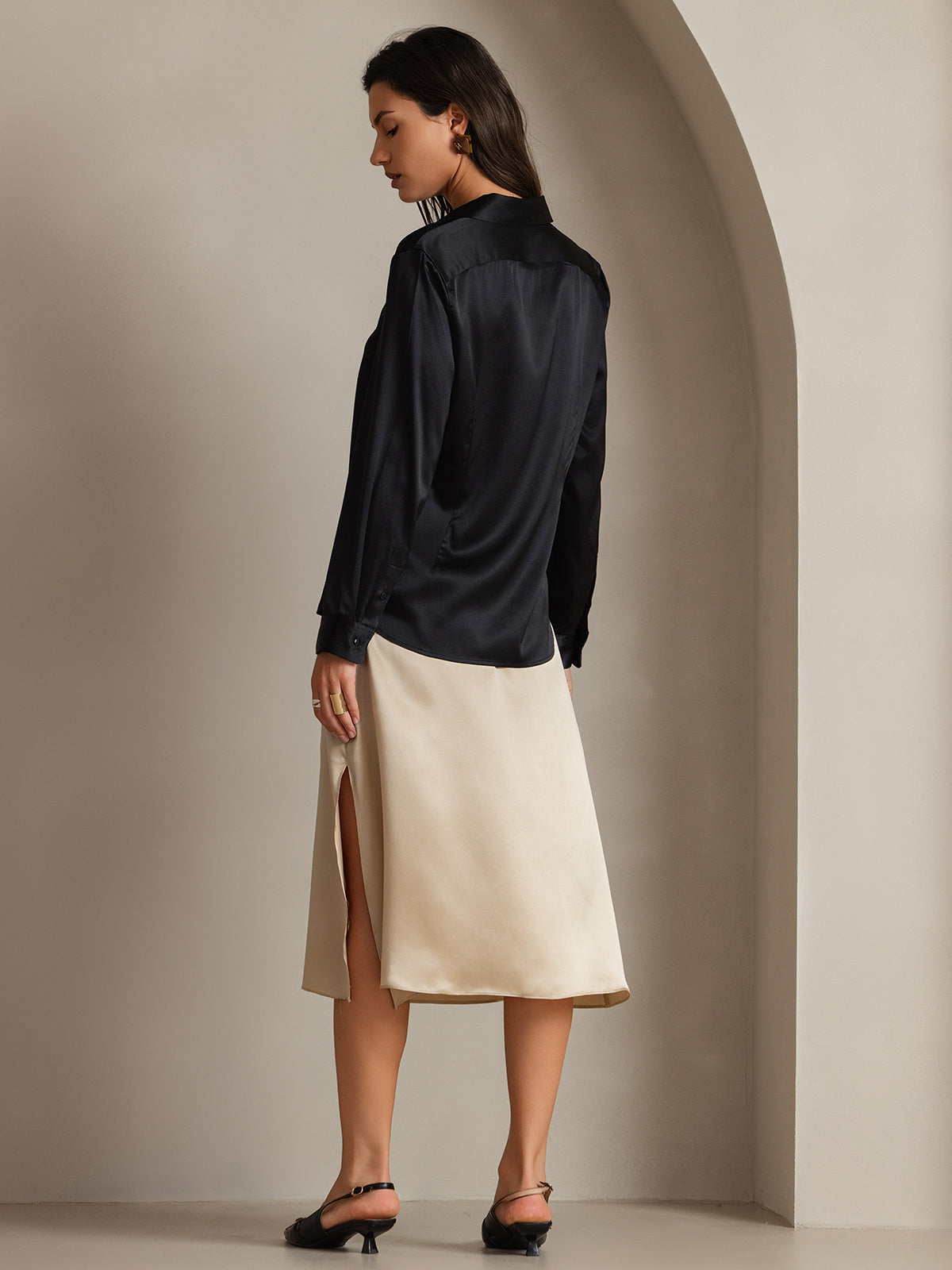 [Black] SilkSilky  Silk Long Sleeve Lapel Collar Women's Shirt 002