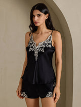[Black] SilkSilky  Spaghetti Strap V Neck Camisole Set 006