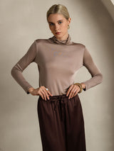 [Khaki] SilkSilky  Silk Jersey Long Sleeve Turtle Neck Women's T-Shirt 003