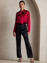 [Wine] SilkSilky  19Momme Stretch Silk Charmeuse Long Sleeve Tie Neck Blouse 003
