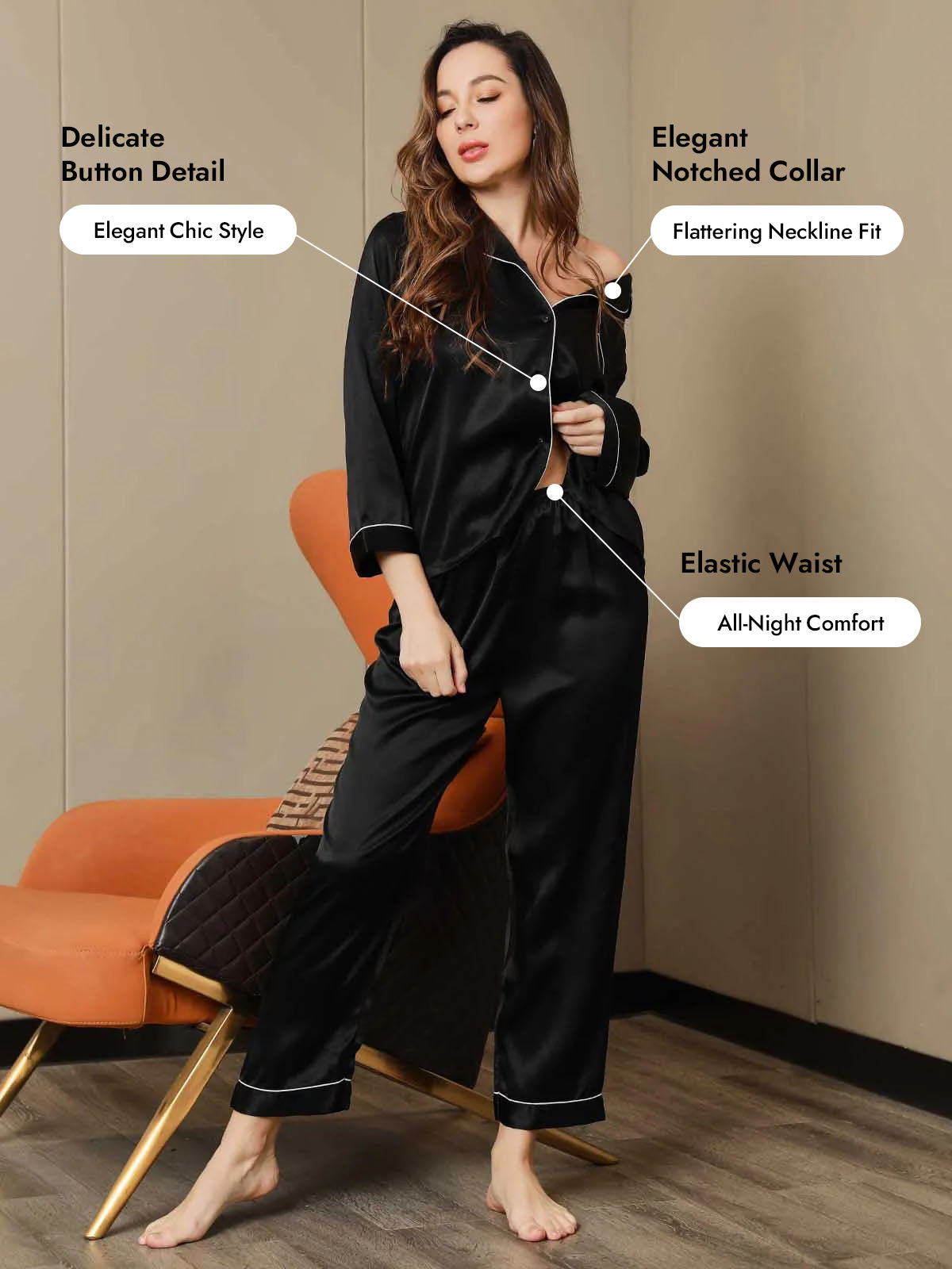 [Black] SilkSilky  Silk Long Sleeve Notch Collar Women's Pajamas 005
