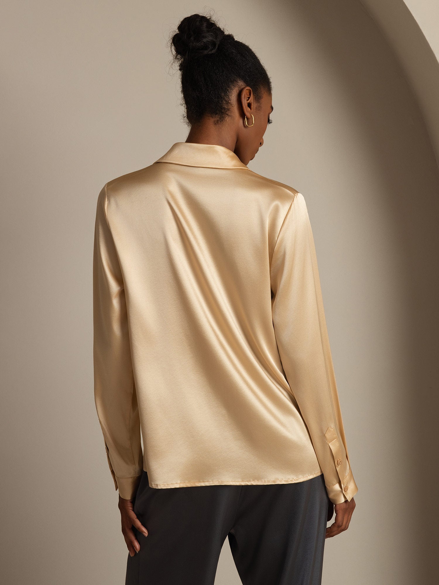 [Champagne] SilkSilky  19Momme Silk Long Sleeve Lapel Collar Women's Shirt 003