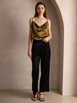 [Brown] SilkSilky  19Momme Stretch Silk Charmeuse Spaghetti Strap Cowl Neck Camisole Top 006