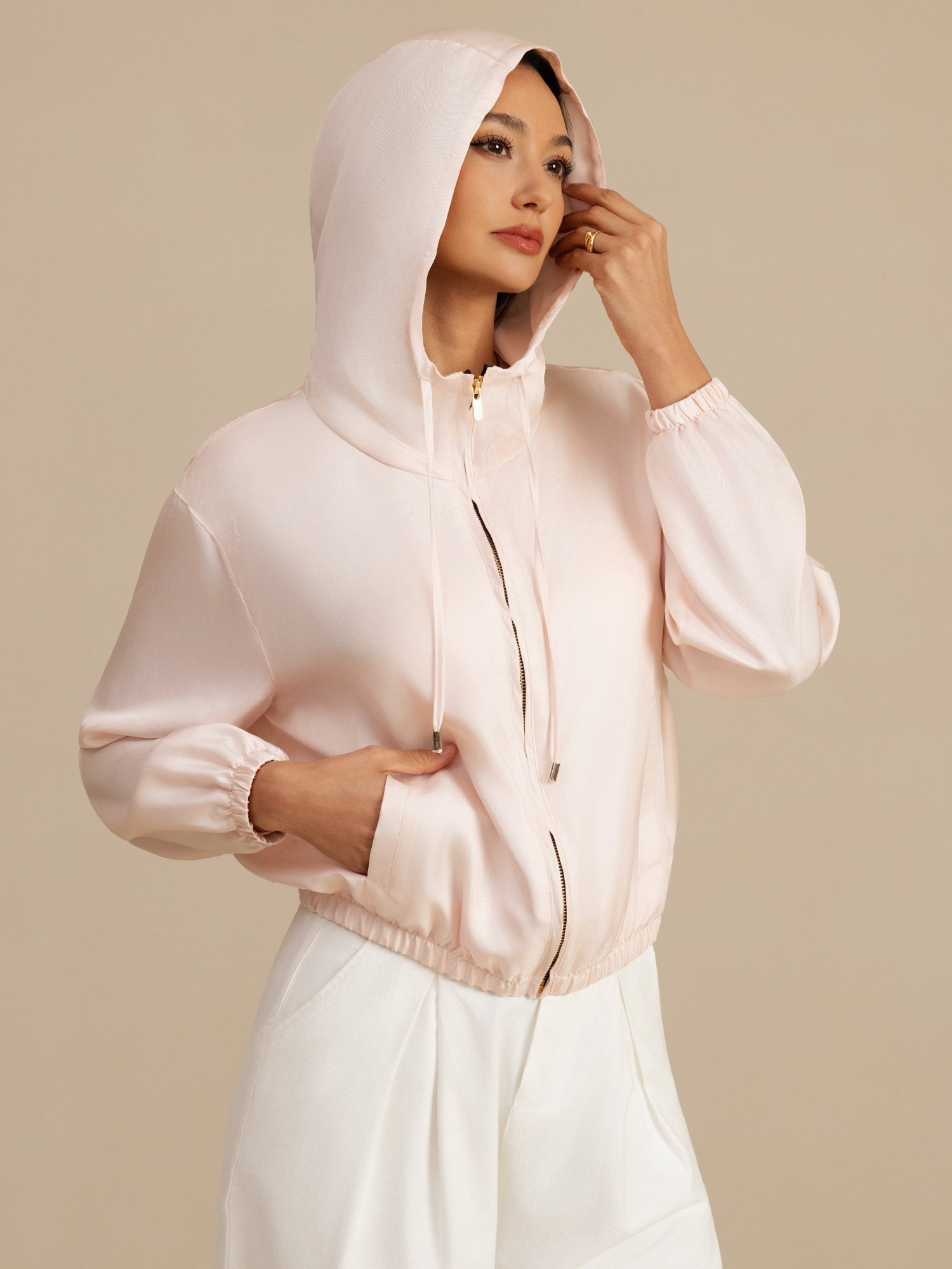 [Pink] SilkSilky 18Momme Silk Satin Surah Long Sleeve Stand Collar Women's Outerwear 001