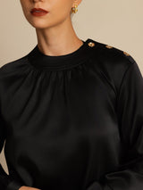 Women’s 19 momme silk blouse with gathered round neck, long sleeves, and button detail
