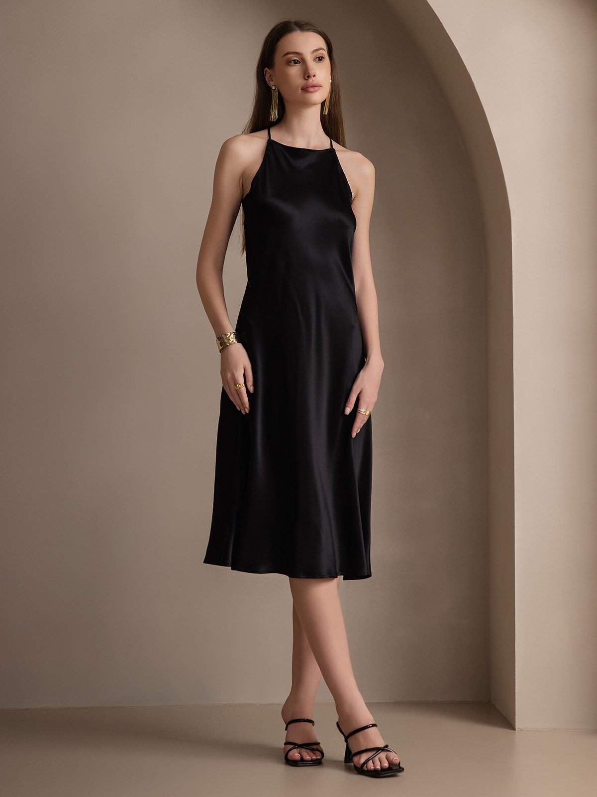 [Black] SilkSilky 19Momme Silk Sleeveless Dress 007
