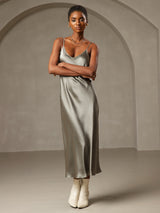 [Grayish Green] SilkSilky  Pure Silk Spaghetti Strap V Neck Dress 001
