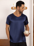 SilkSilky US Pure Silk Short Sleeve V Neck Men's T Shirt DarkBlue 005