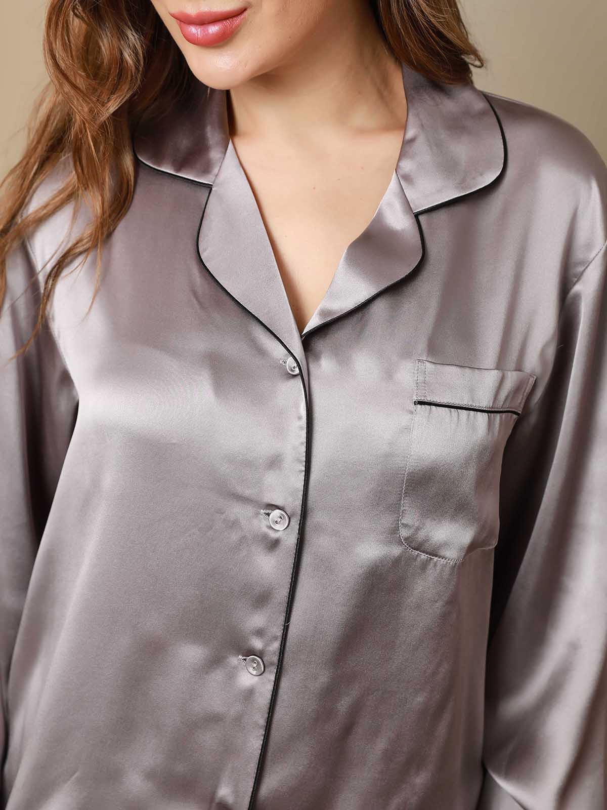 SilkSilky  Pure Silk Long Sleeve Lapel Women's Pajamas Gray 007