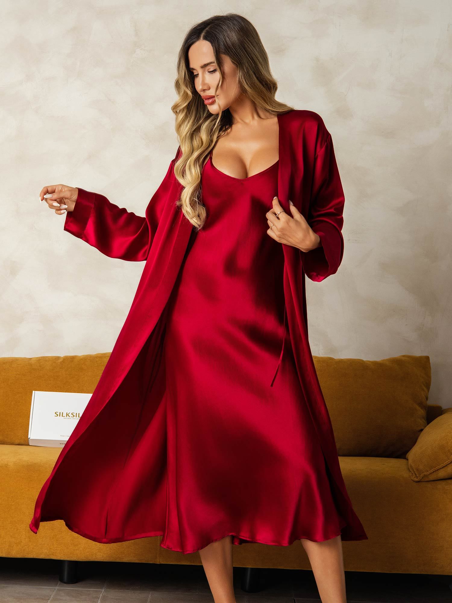 [Wine] SilkSilky Pure Silk Wrap Nightgown&Robe Set 009
