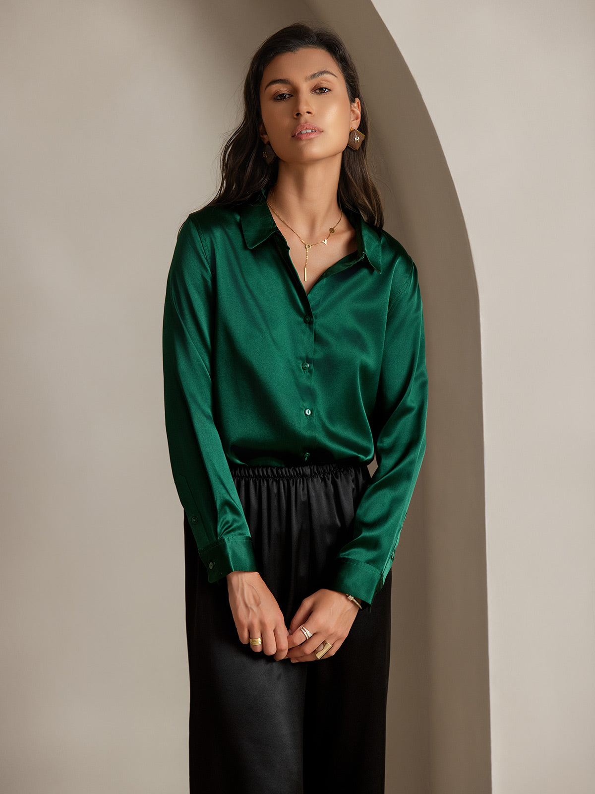 SilkSilky US Silk Blend Long Sleeve Collar Women's Shirt DarkGreen 001