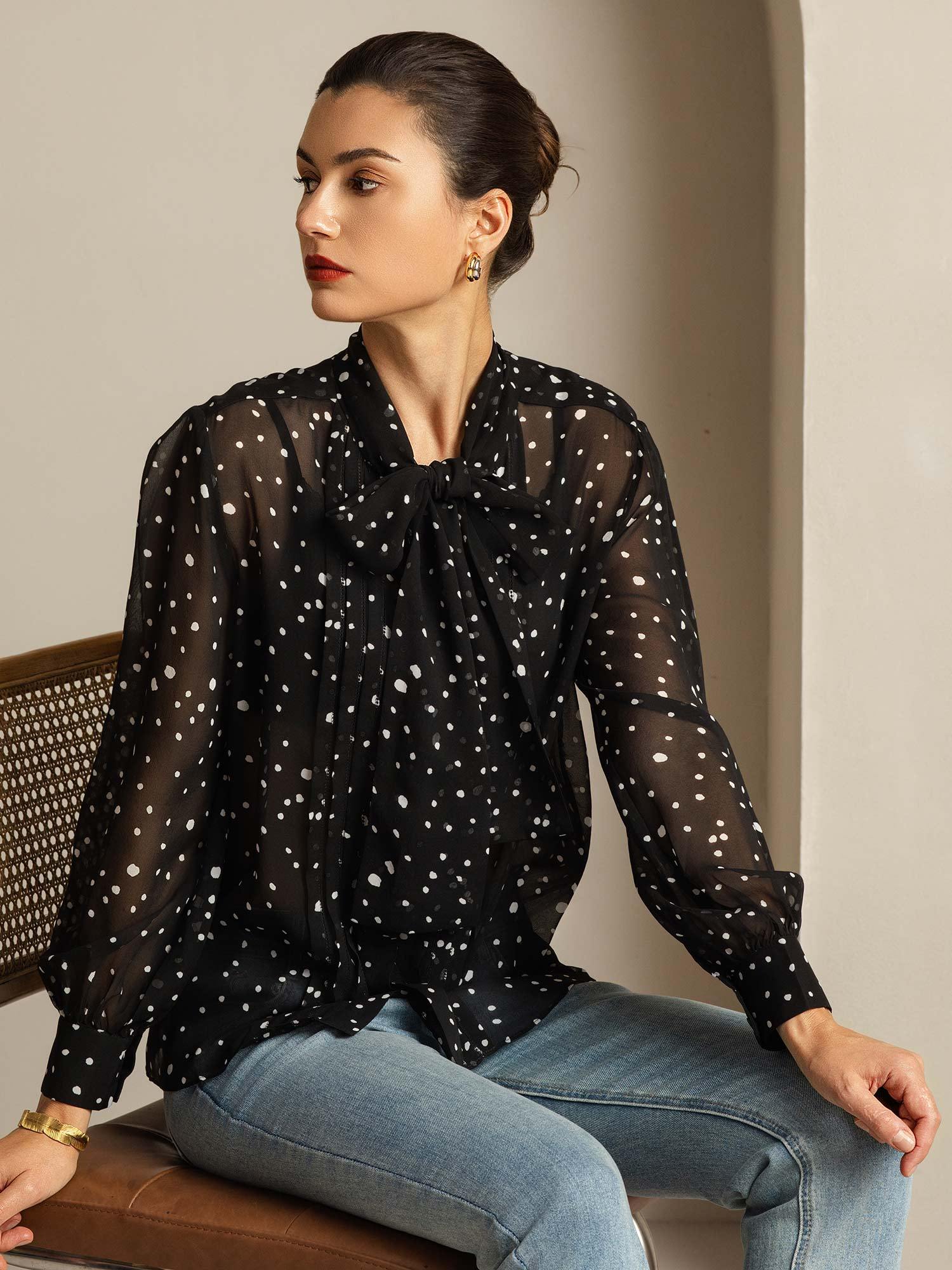 [PolkaDot] SilkSilky Pure Silk Tie Neck Women's Shirt 001