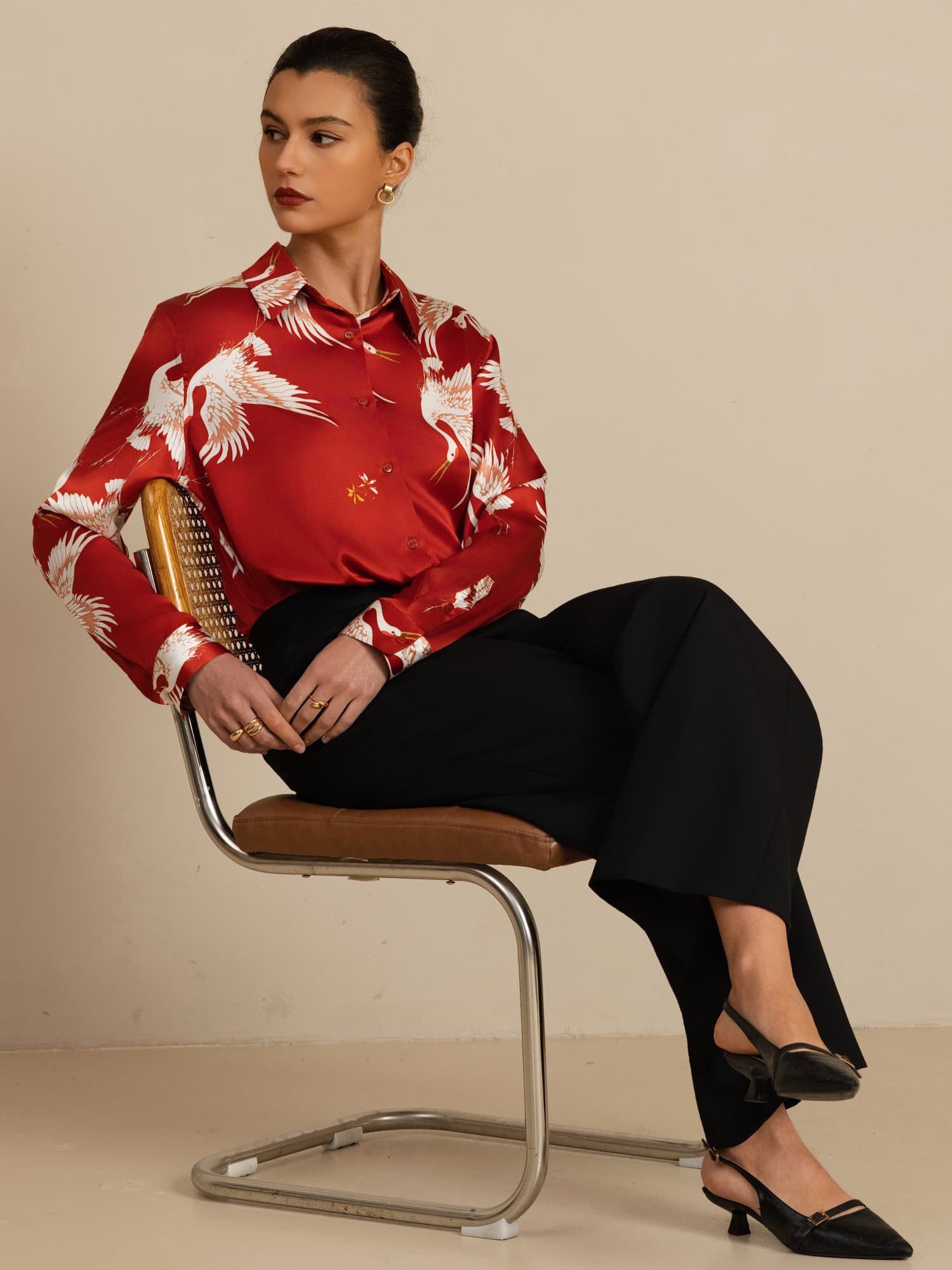 [Wine] SilkSilky  19Momme Long Sleeve Lapel Collar Women's Shirt 007