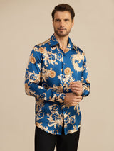 [Navy Dragon] SilkSilky Long Sleeve Lapel Collar Men's Shirt 004