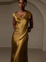 [Brown] SilkSilky  19Momme Stretch Silk Charmeuse Cap Sleeve Scoop Neck Dress 003